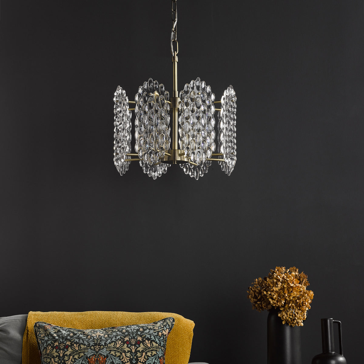 Porthos Eight Light Pendant Chandelier in Antique Brass with Textured Glass