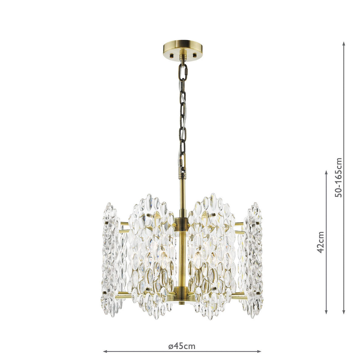 Porthos Eight Light Pendant Chandelier in Antique Brass with Textured Glass