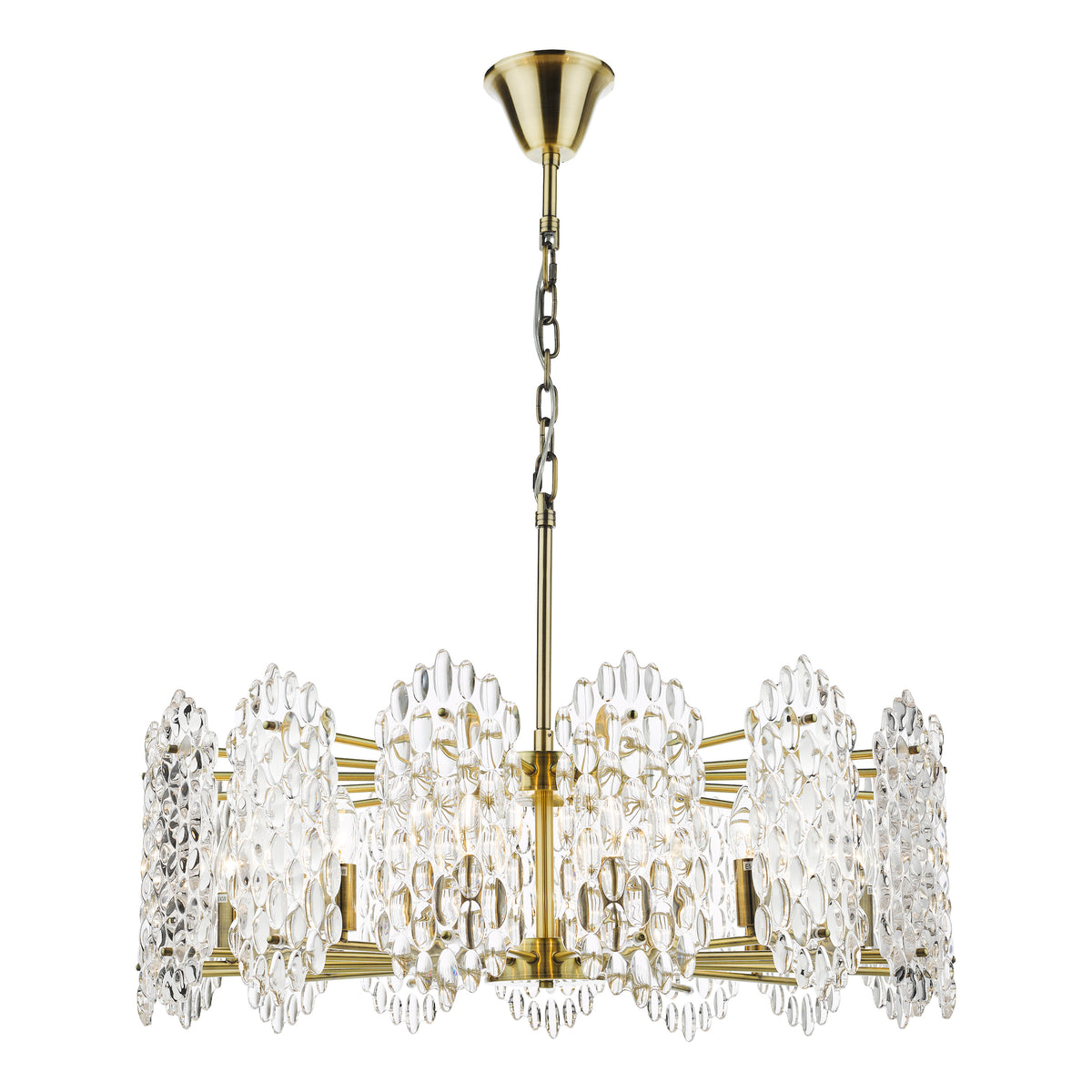 Brass chandelier with clear glass teardrop-shaped shades