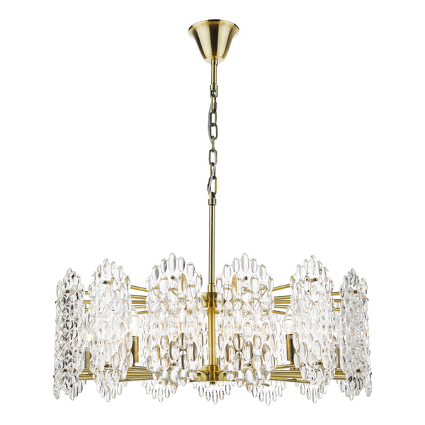 Porthos Fifteen Light Pendant Chandelier in Antique Brass with Textured Glass