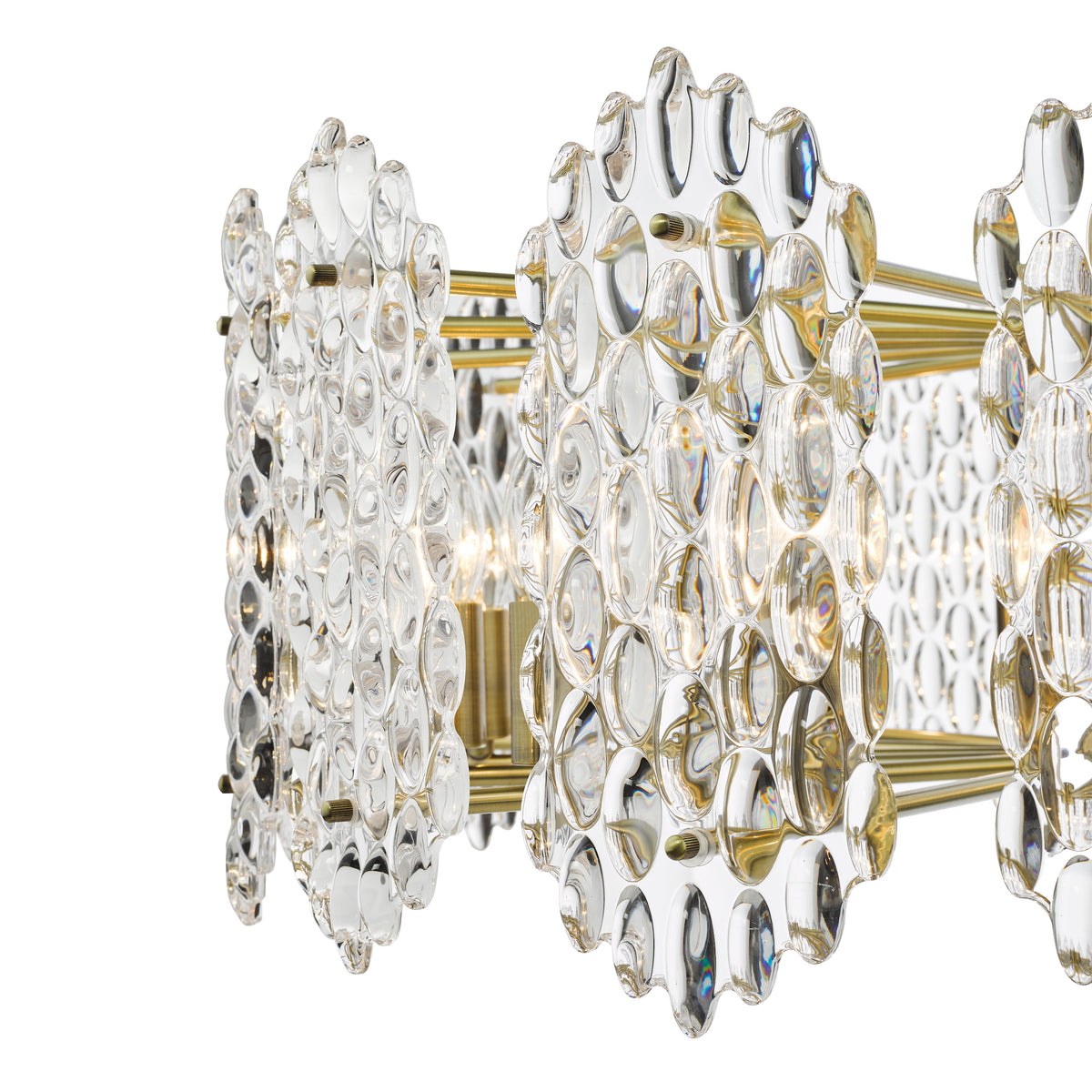 Close up of a clear glass and gold chandelier