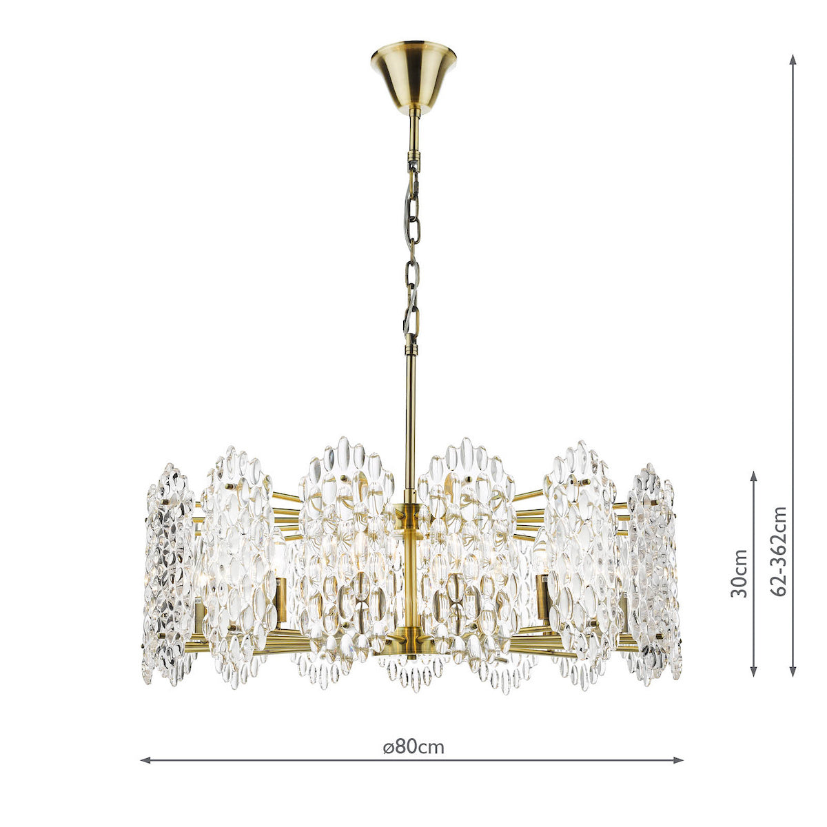 Brass chandelier with clear glass oval drops, 80cm diameter, 62-362cm adjustable height