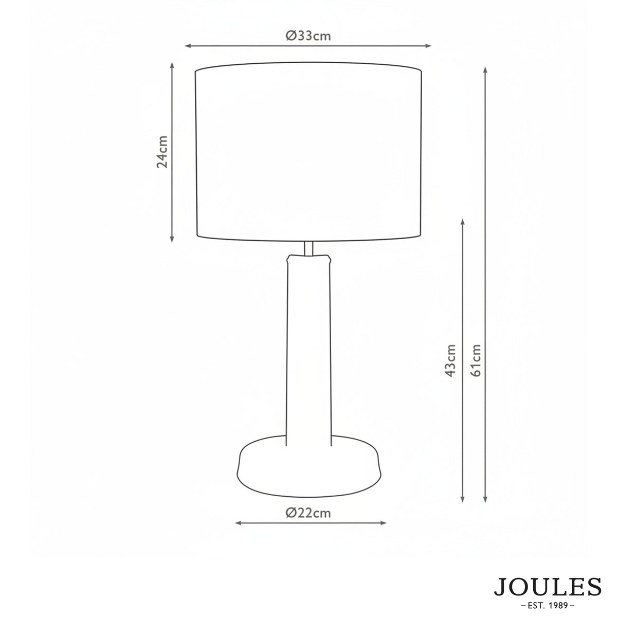 Dimensional line drawing of Joules Portree Rattan Table Lamp with measurements