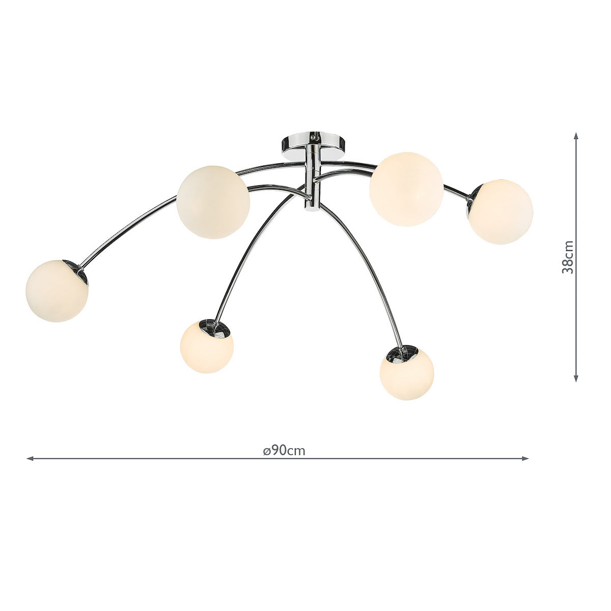 Modern chrome ceiling light with six spherical white glass shades, showing dimensions of 90cm diameter and 38cm height.