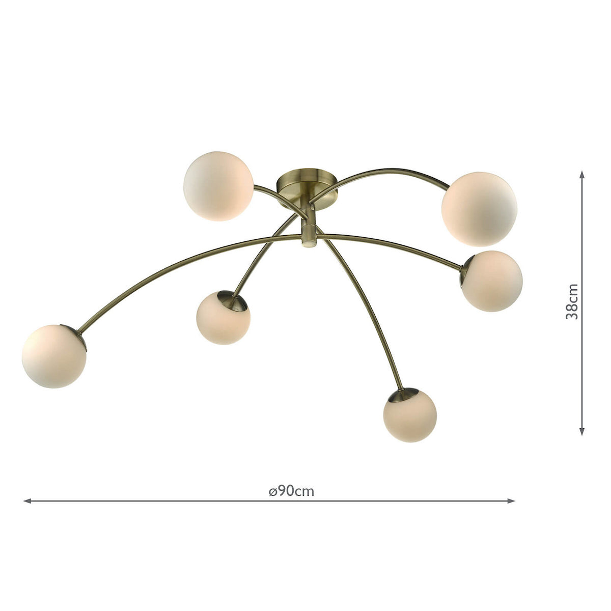 A modern ceiling light with six frosted globe shades on curved brass arms, measuring 90cm wide and 38cm high.