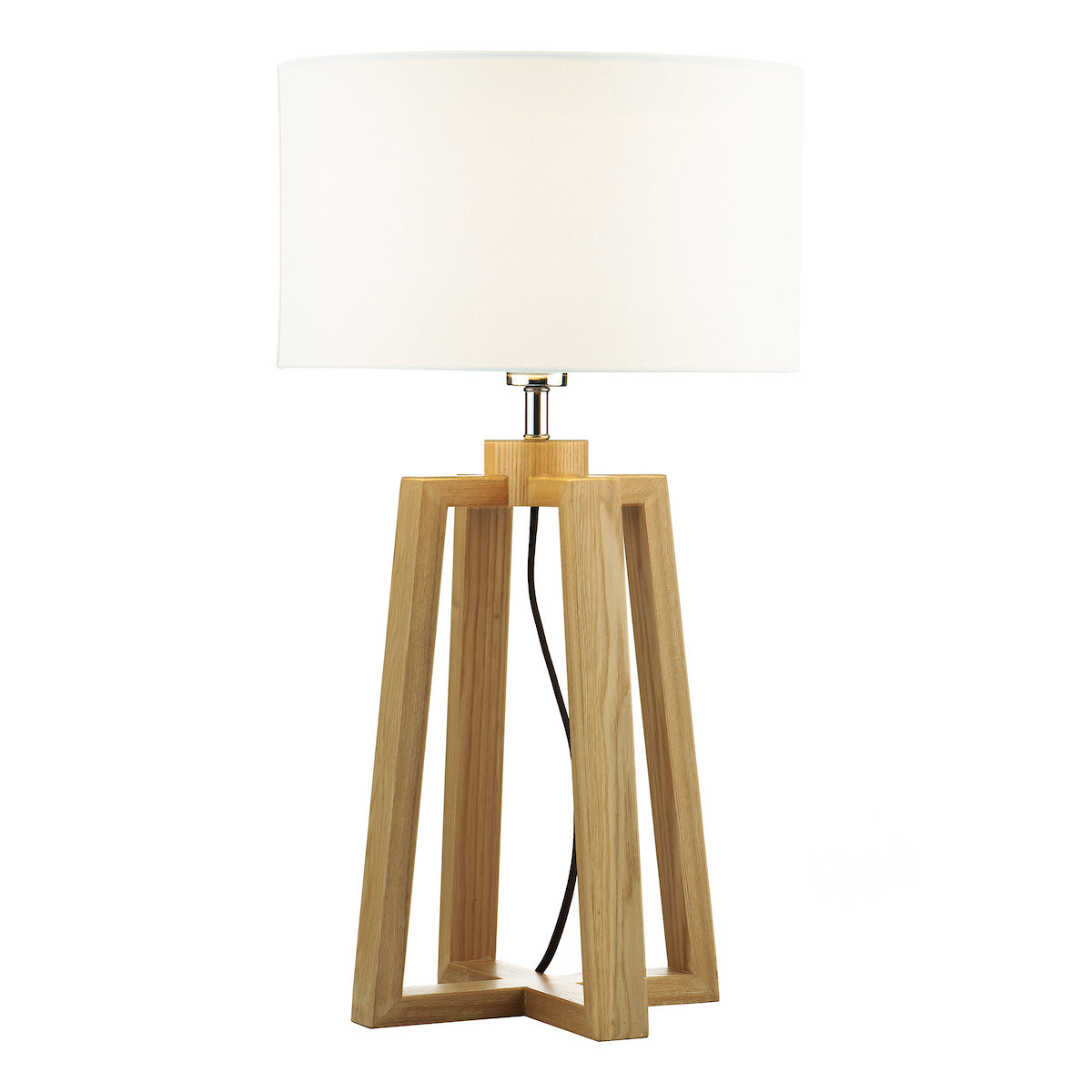 Modern table lamp with a white rectangular shade and a light wood tripod base.