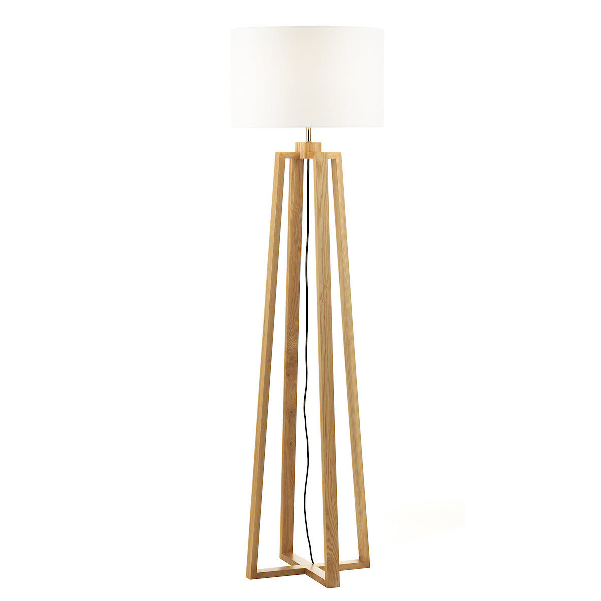 Modern floor lamp with a light wood tripod base and a white cylindrical shade.