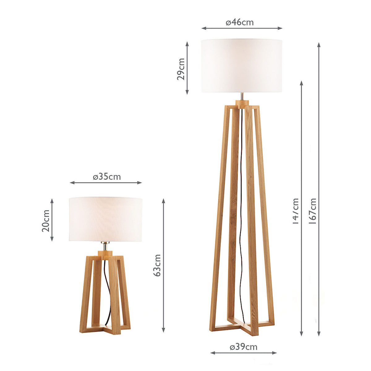 A floor lamp and a table lamp with white shades and wooden tripod bases, with dimensions shown.