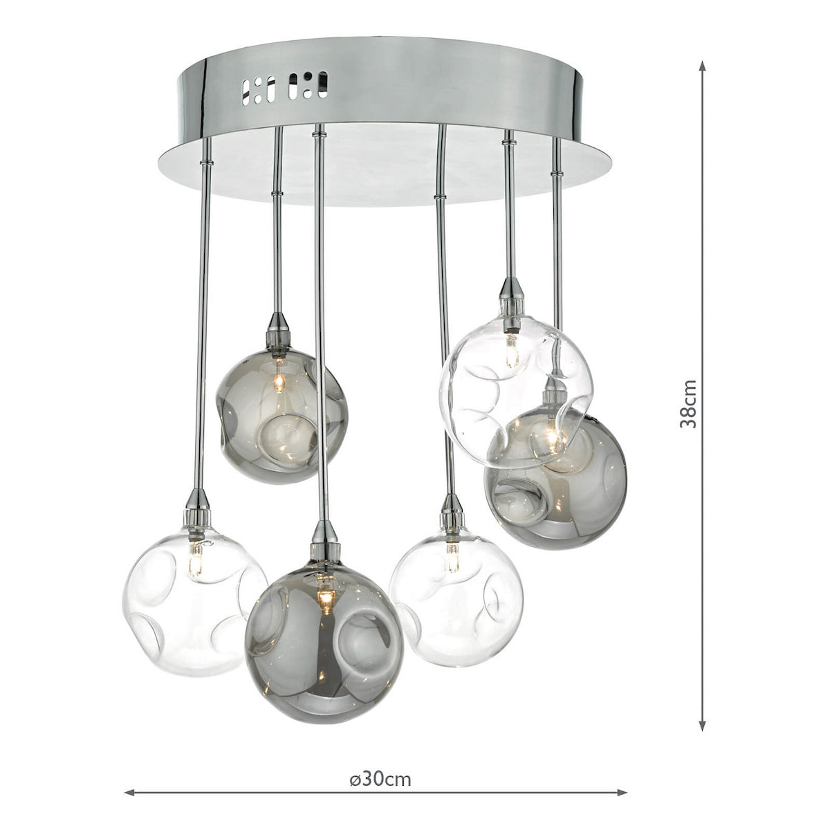 Modern ceiling light with six clear and smoked glass globes, chrome base, and visible dimensions.