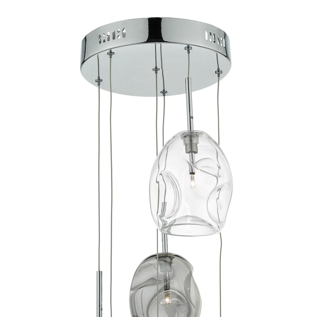 Modern chrome ceiling light with three clear, irregularly shaped glass shades, each containing a small bulb.