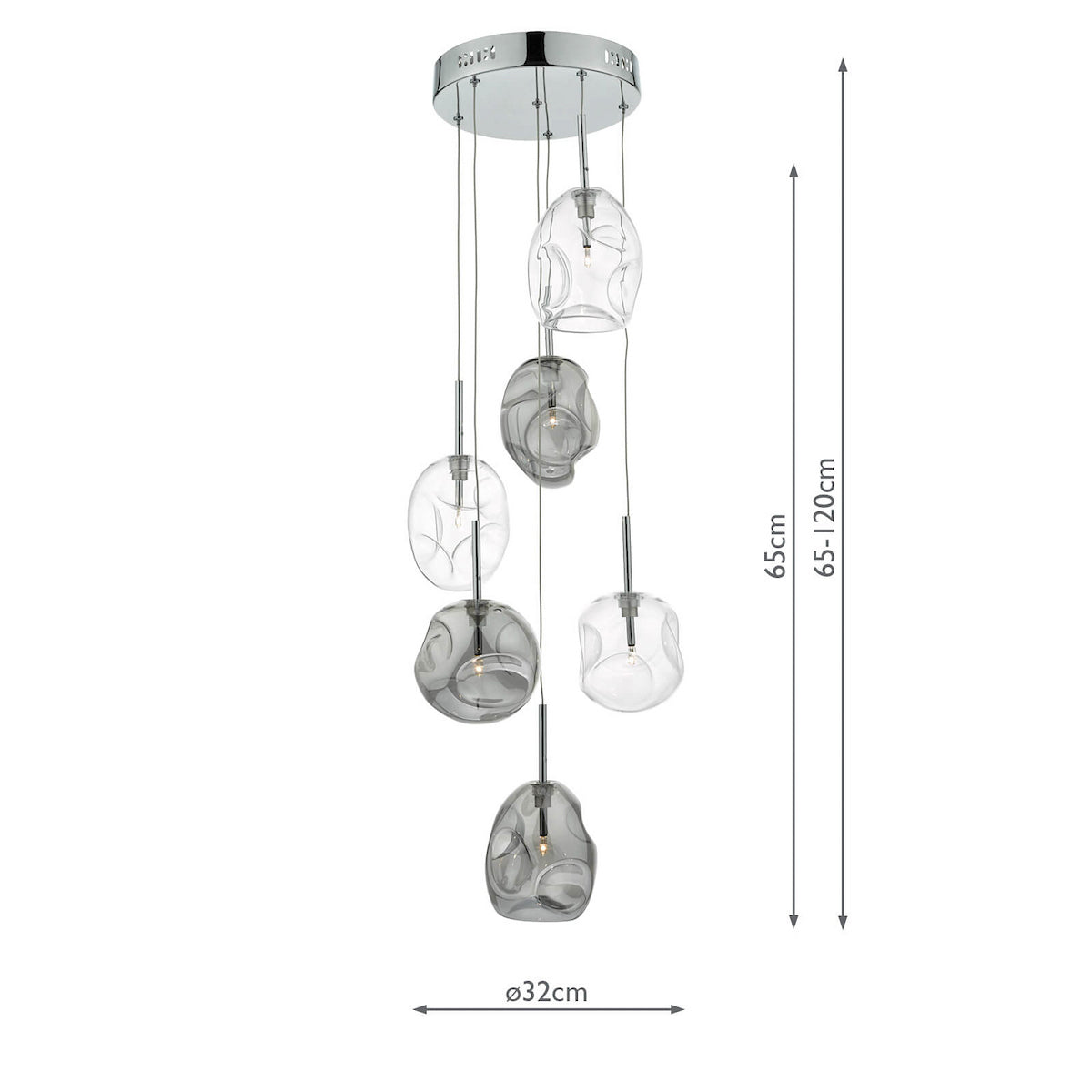 Modern ceiling light with six clear and smoked glass shades, varying in height.