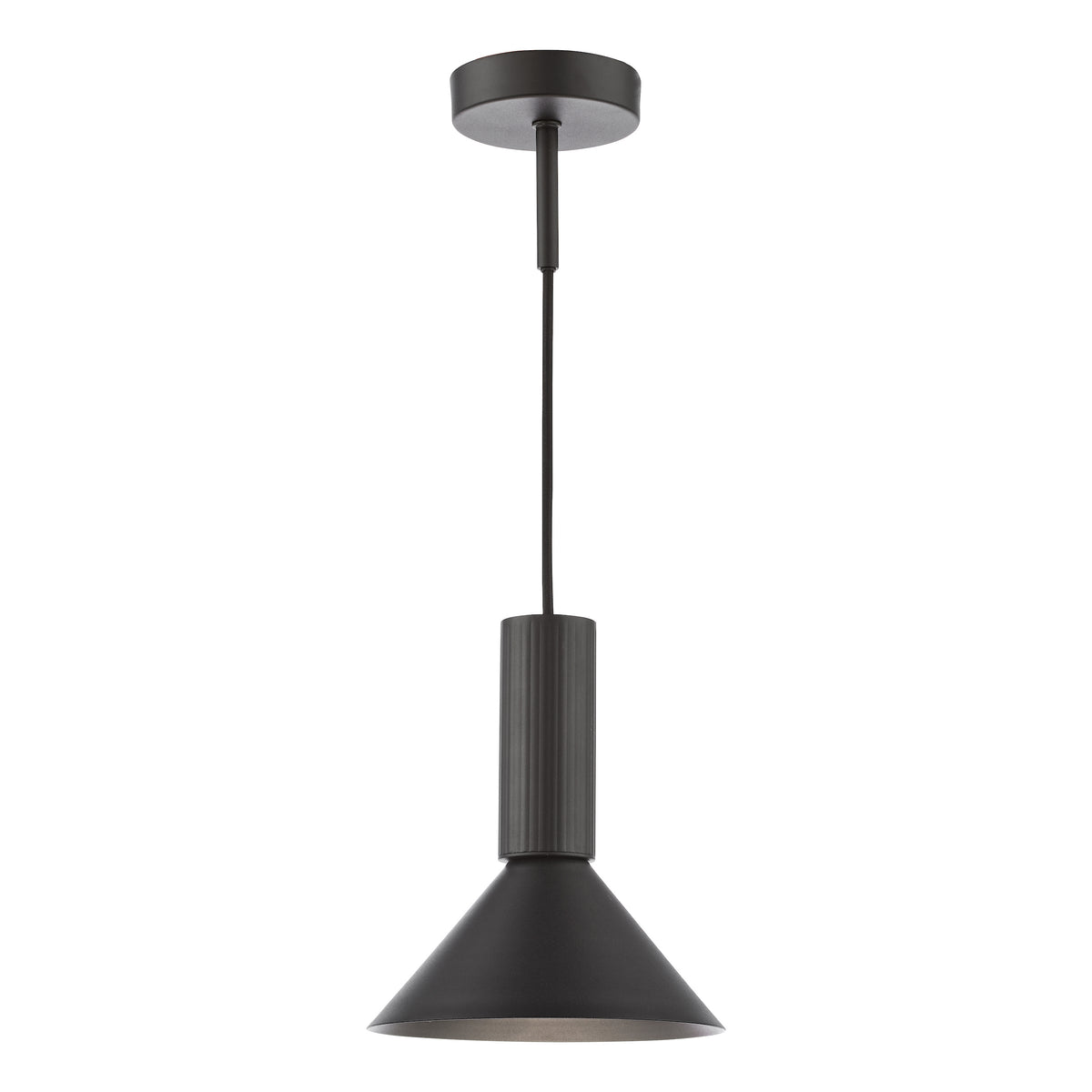 Black pendant light with a cylindrical top and a conical shade