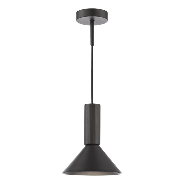 Black pendant light with a cylindrical top and a conical shade