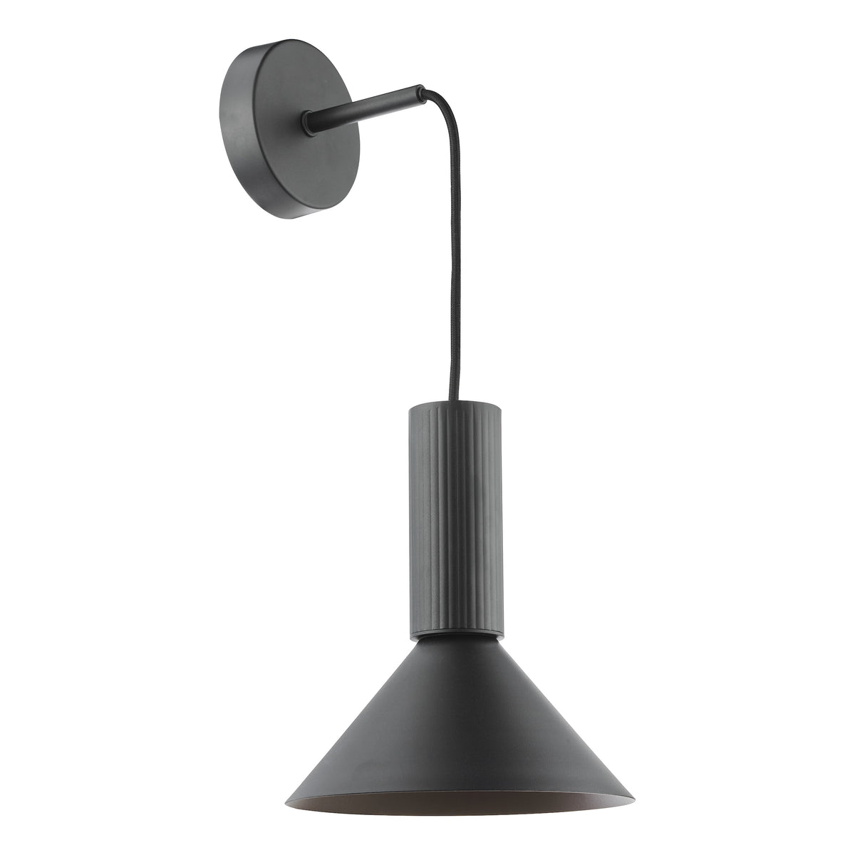 Black wall lamp with a round base, a straight arm, and a conical shade with a ribbed cylinder top