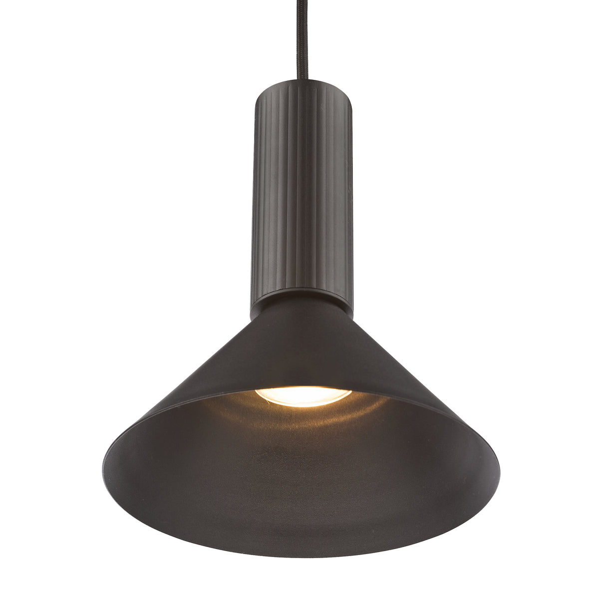 Black pendant light with a conical shade and a ribbed cylindrical top, emitting a warm glow