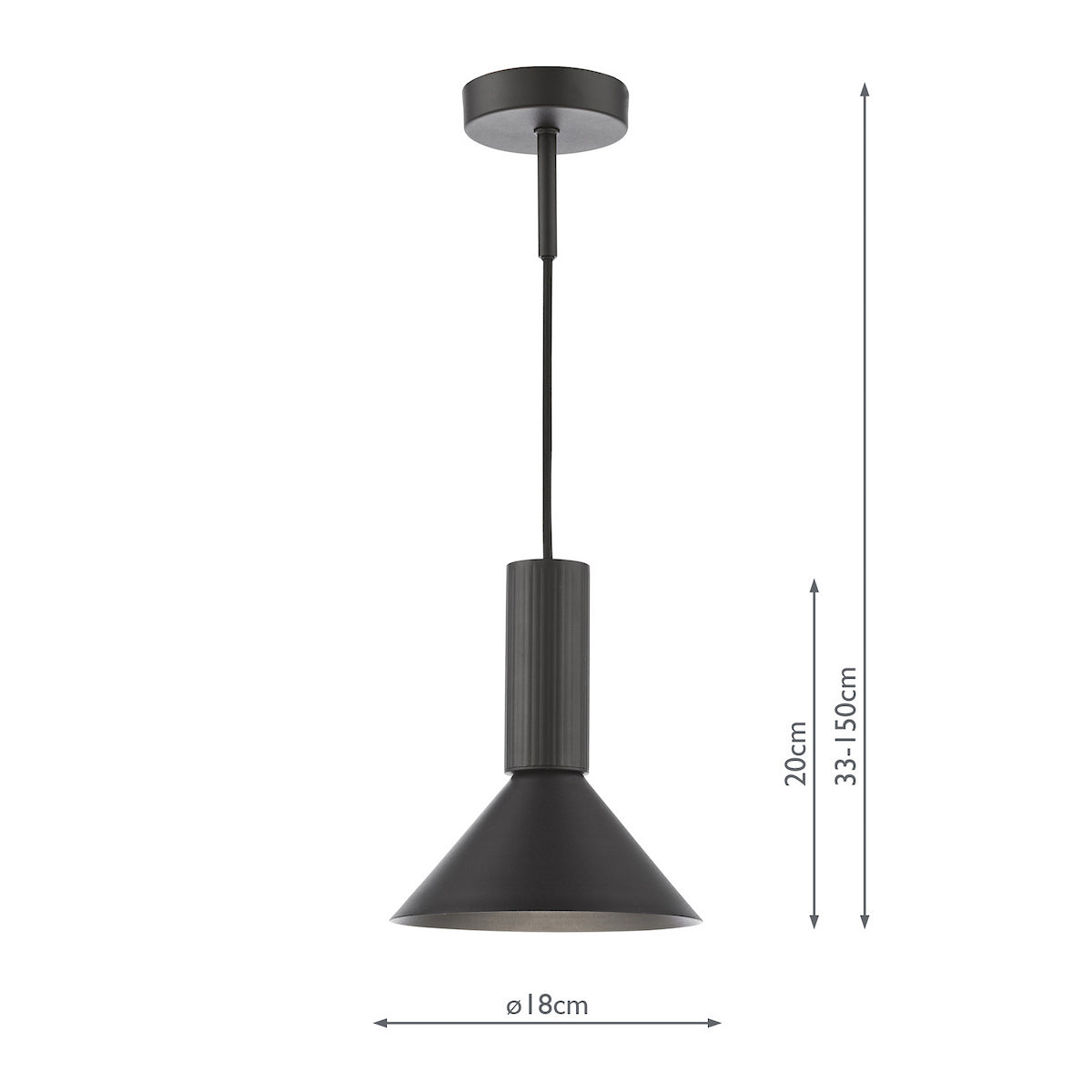 Black pendant light with conical shade and cylindrical top, dimensions 33-150cm height, 18cm diameter