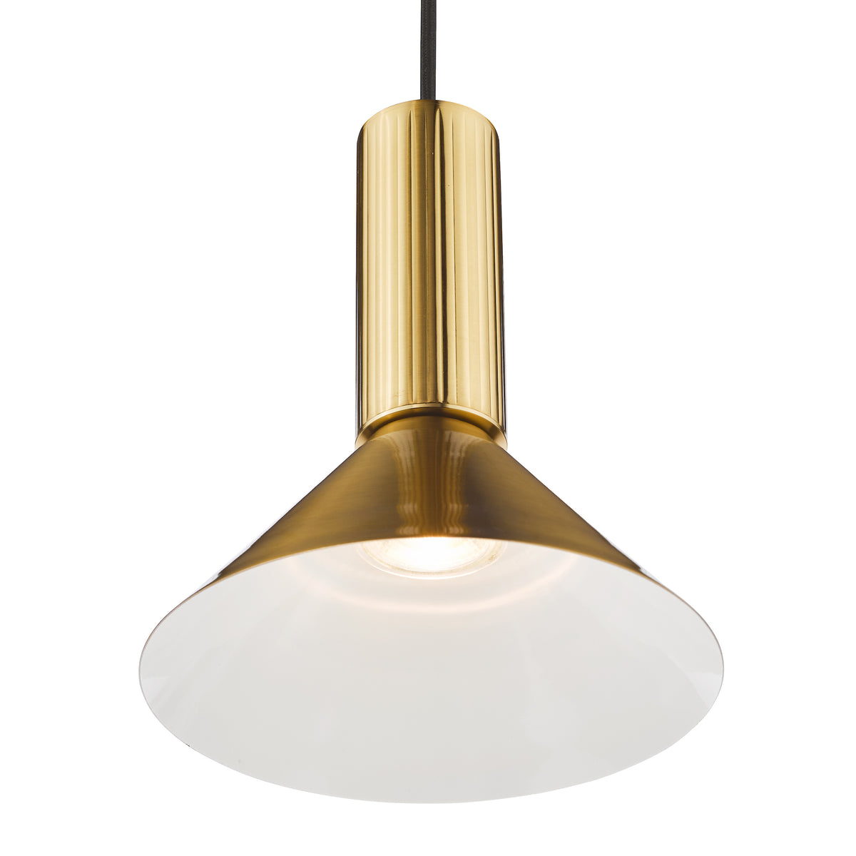 Brass pendant light with a conical shade and a ribbed cylindrical top, emitting a warm glow