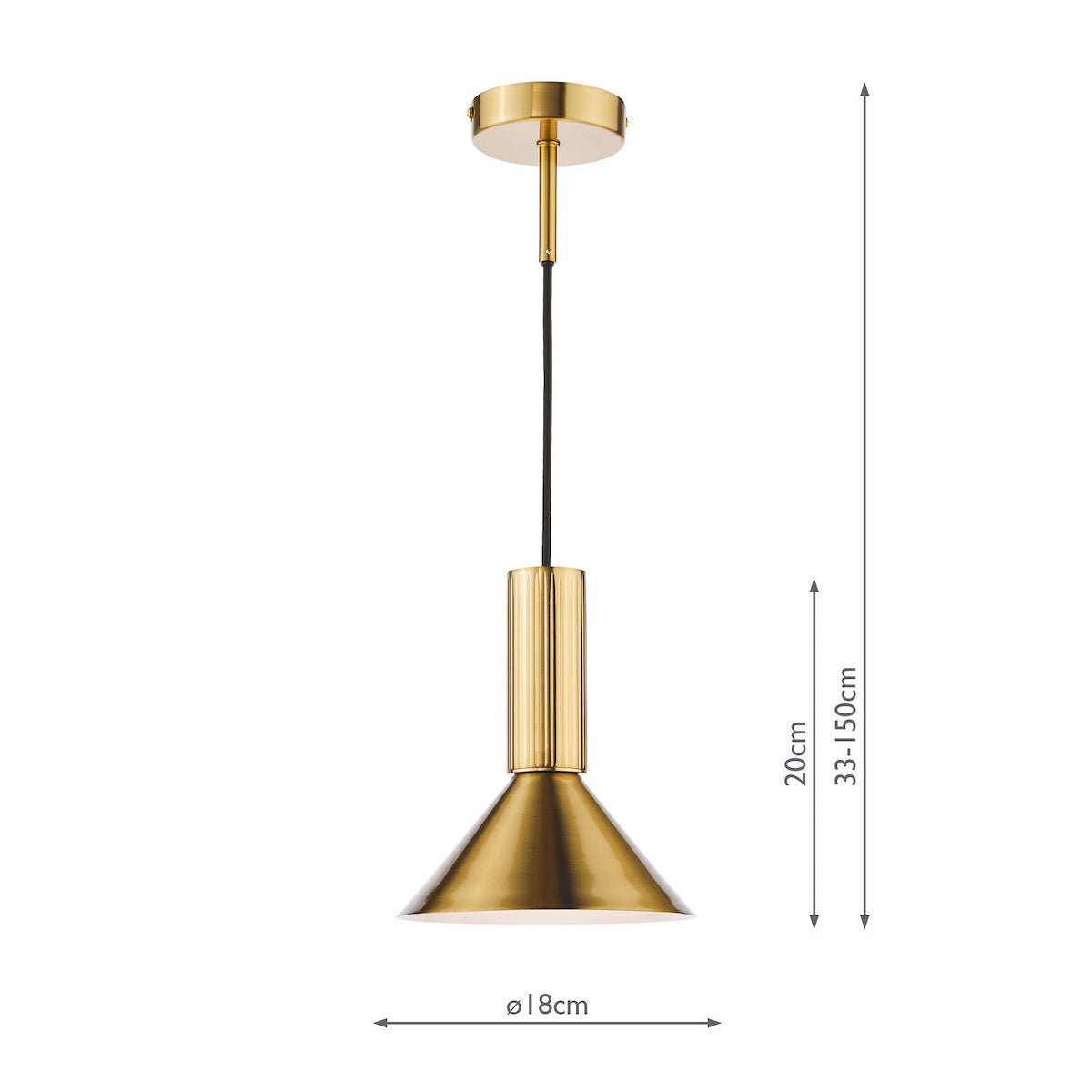 Brass pendant light with a conical shade and cylindrical top, showing dimensions of 18cm diameter and 33-150cm height