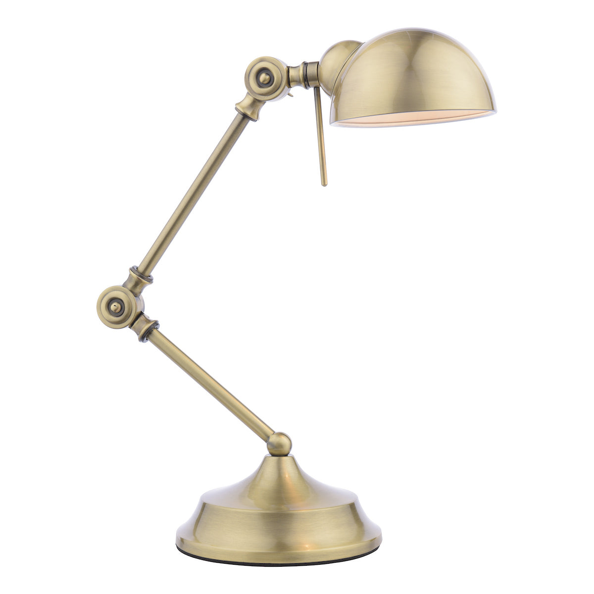 Adjustable brass desk lamp with a domed shade and a sturdy base.