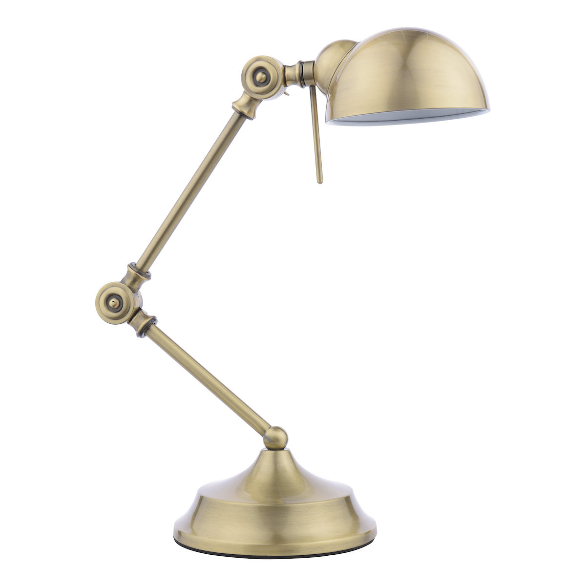 Adjustable brass desk lamp with a domed shade and a sturdy base.