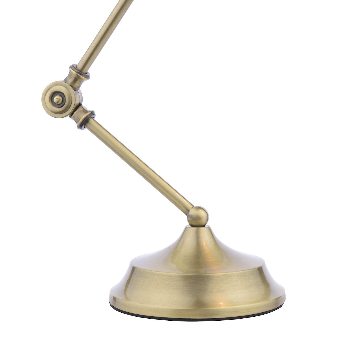 Close-up of a brass lamp base with an adjustable arm, on a white background.