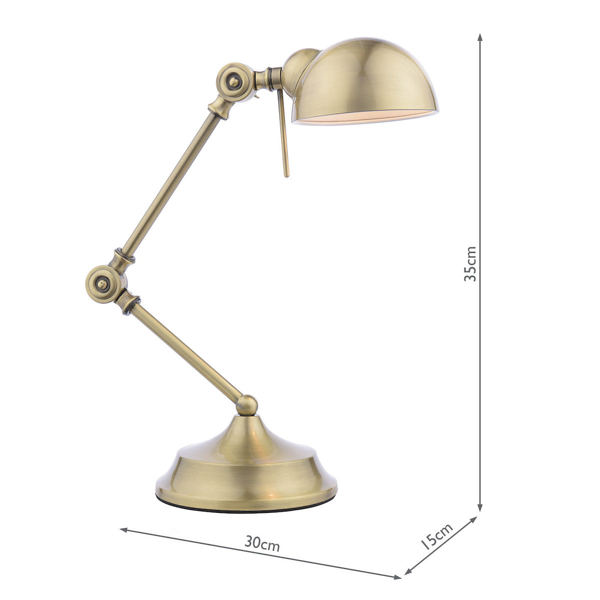 Adjustable antique brass desk lamp with a domed shade and a round base, showing dimensions.