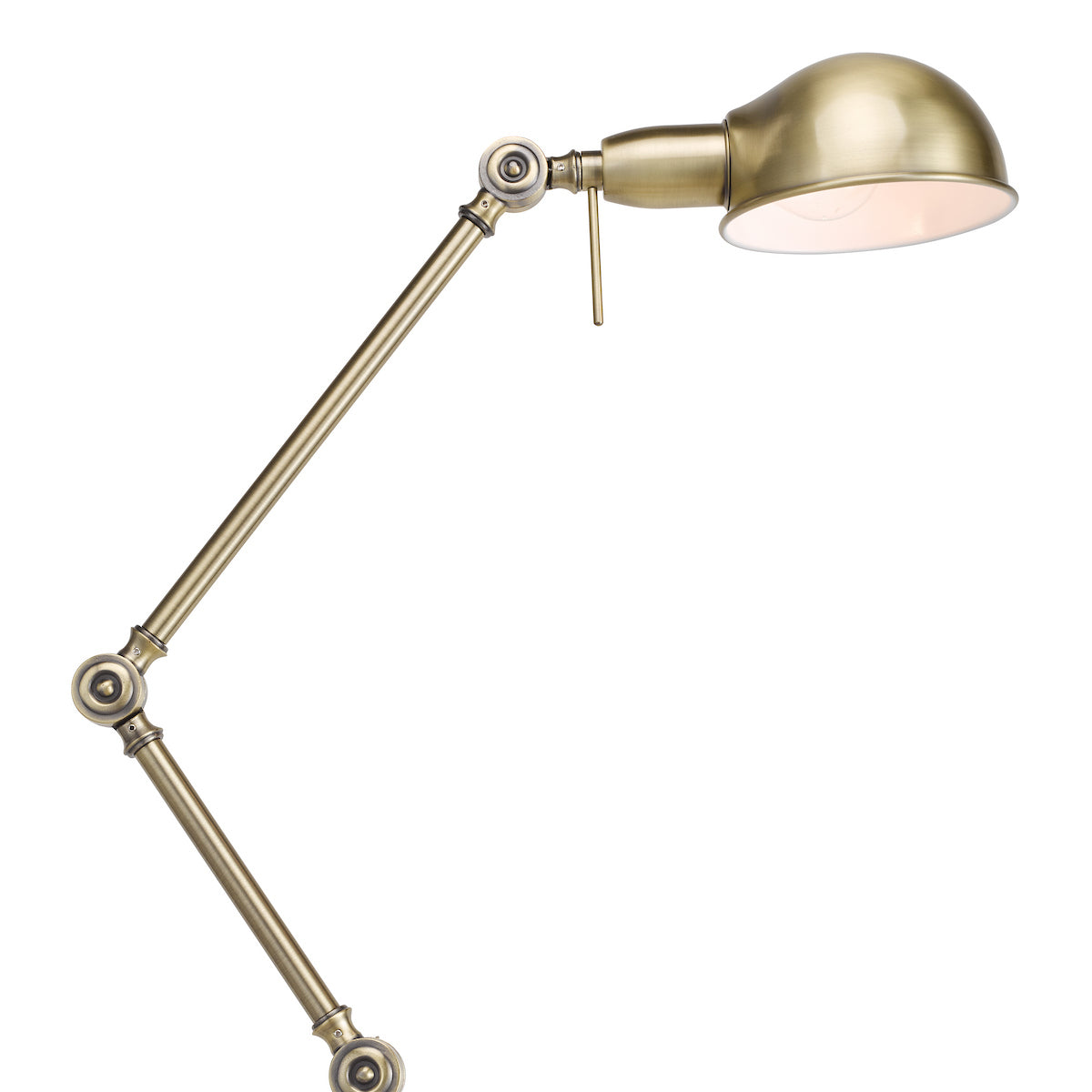 Adjustable brass desk lamp with a domed shade and exposed bulb, angled downwards.