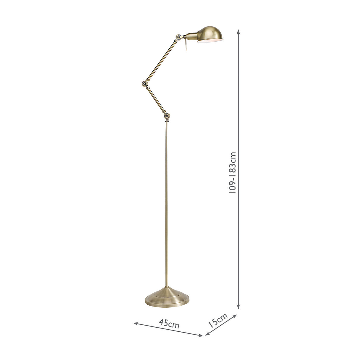 Adjustable brass floor lamp with a domed shade and visible dimensions.