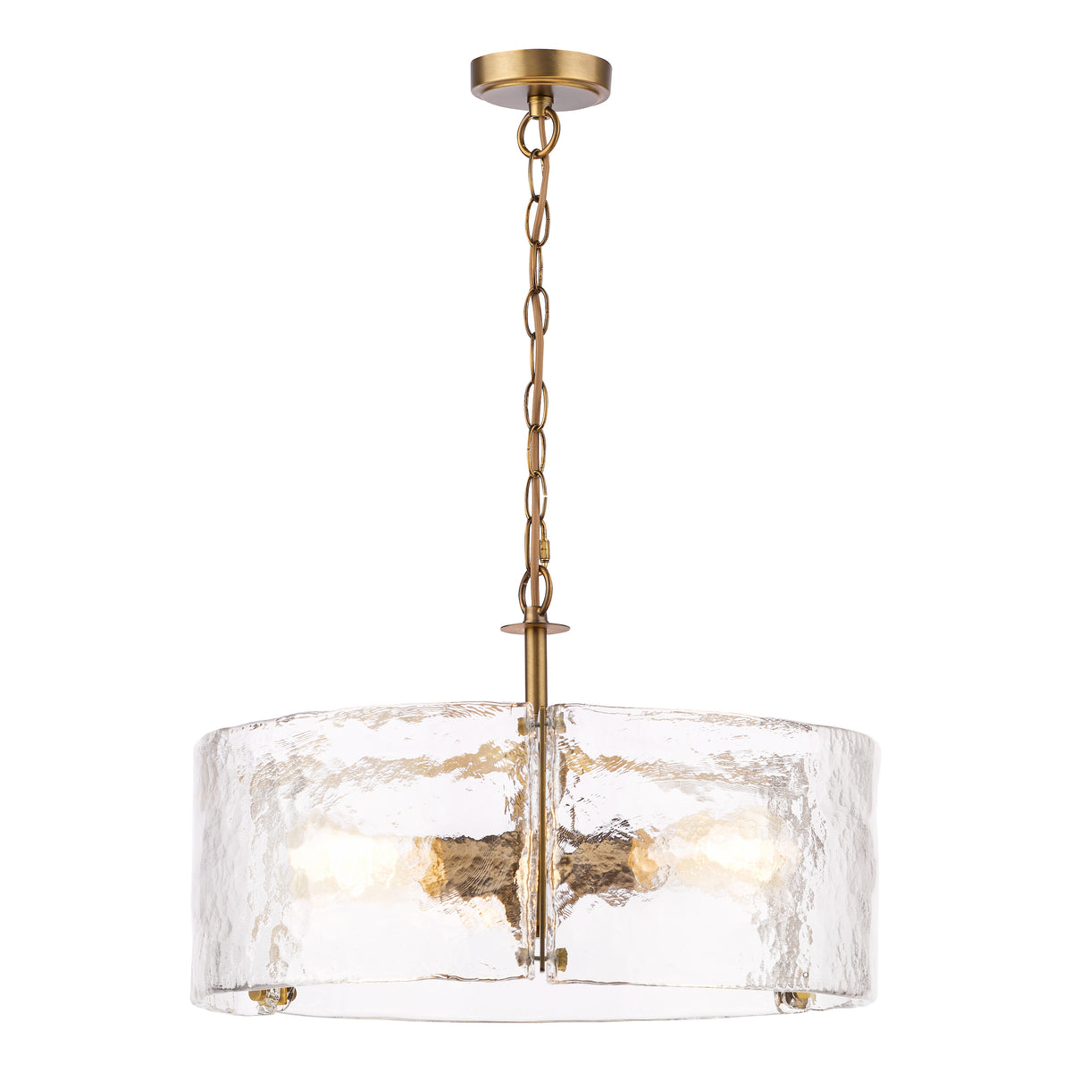 Ravis Three Light Pendant in Antique Bronze and Textured Glass Shades