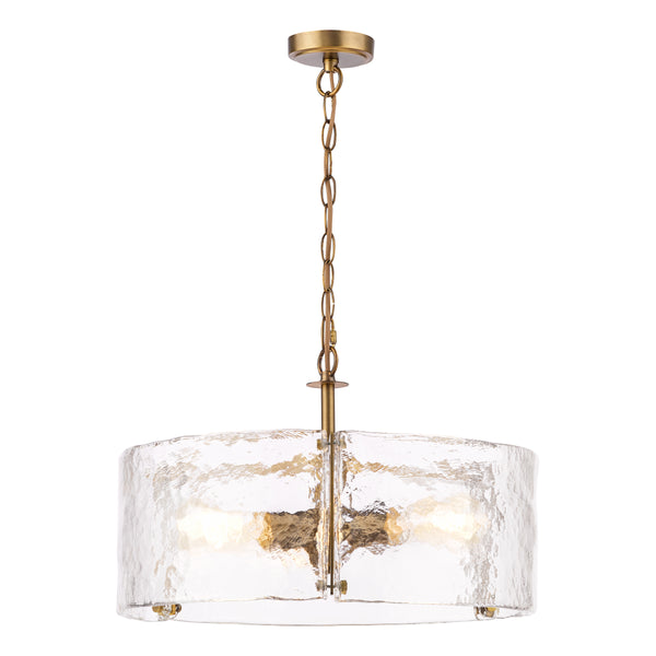 Ravis Three Light Pendant in Antique Bronze and Textured Glass Shades