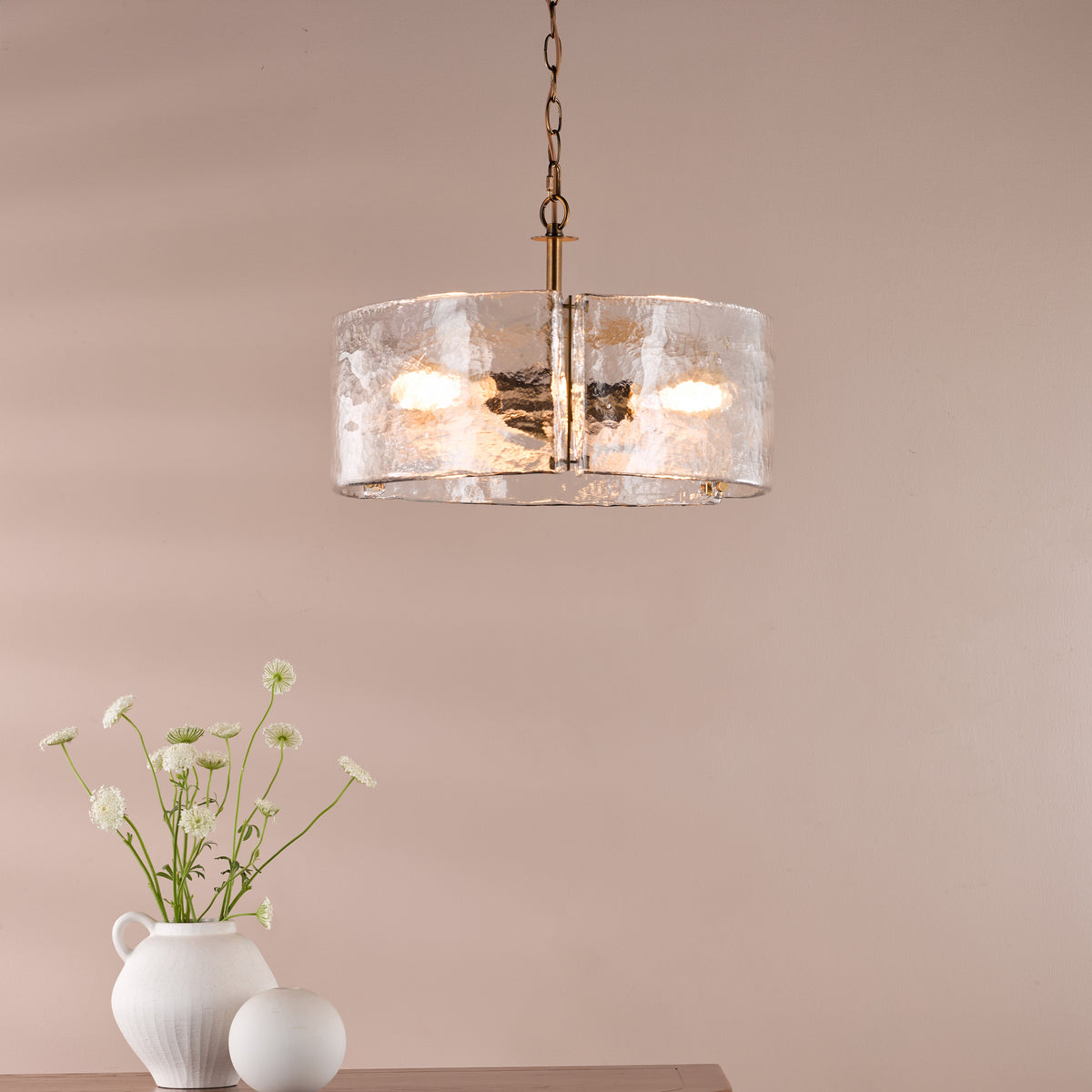 Ravis Three Light Pendant in Antique Bronze and Textured Glass Shades