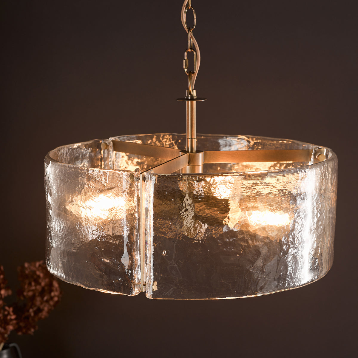 Ravis Three Light Pendant in Antique Bronze and Textured Glass Shades
