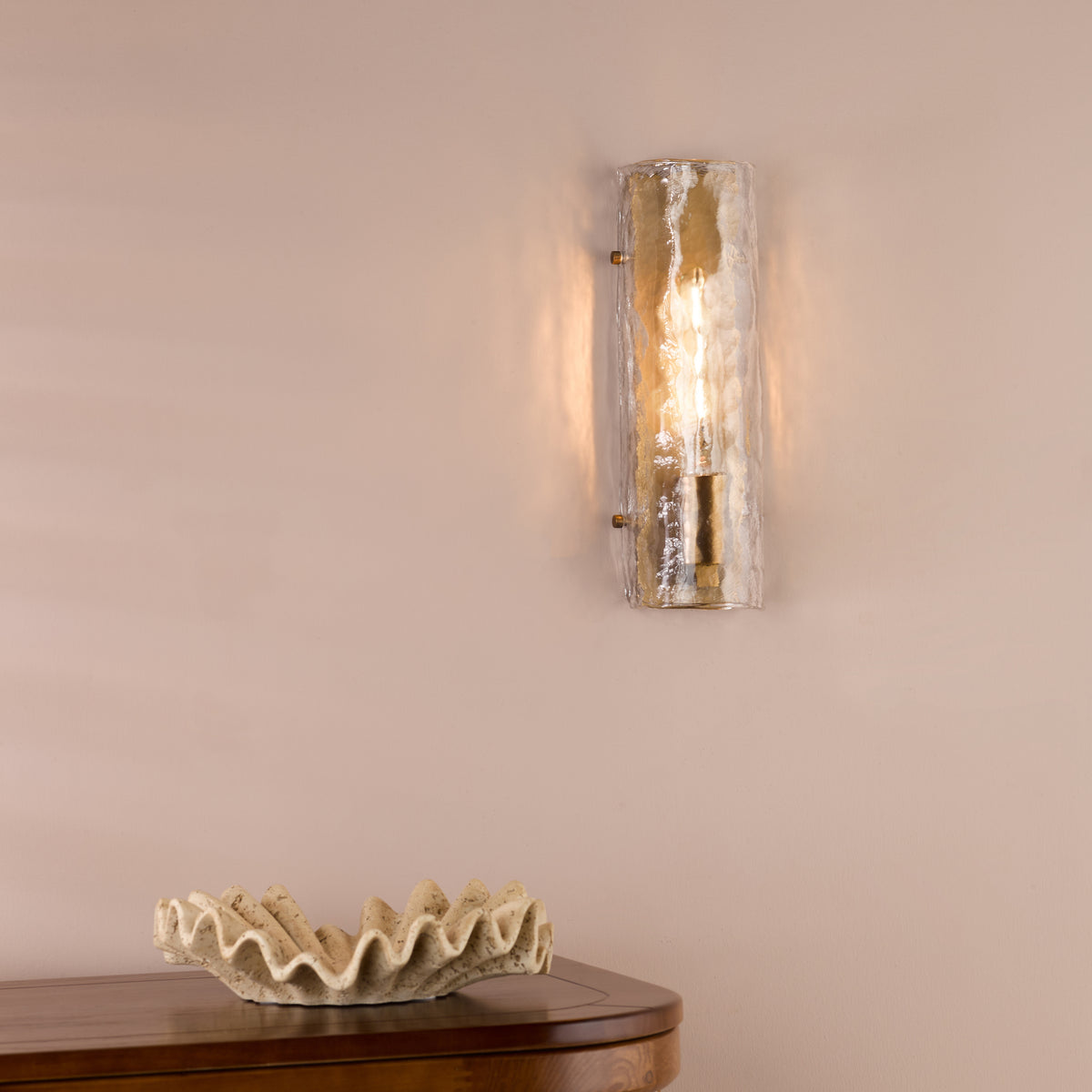 Ravis Wall Light in Antique Bronze with Textured Glass Shade