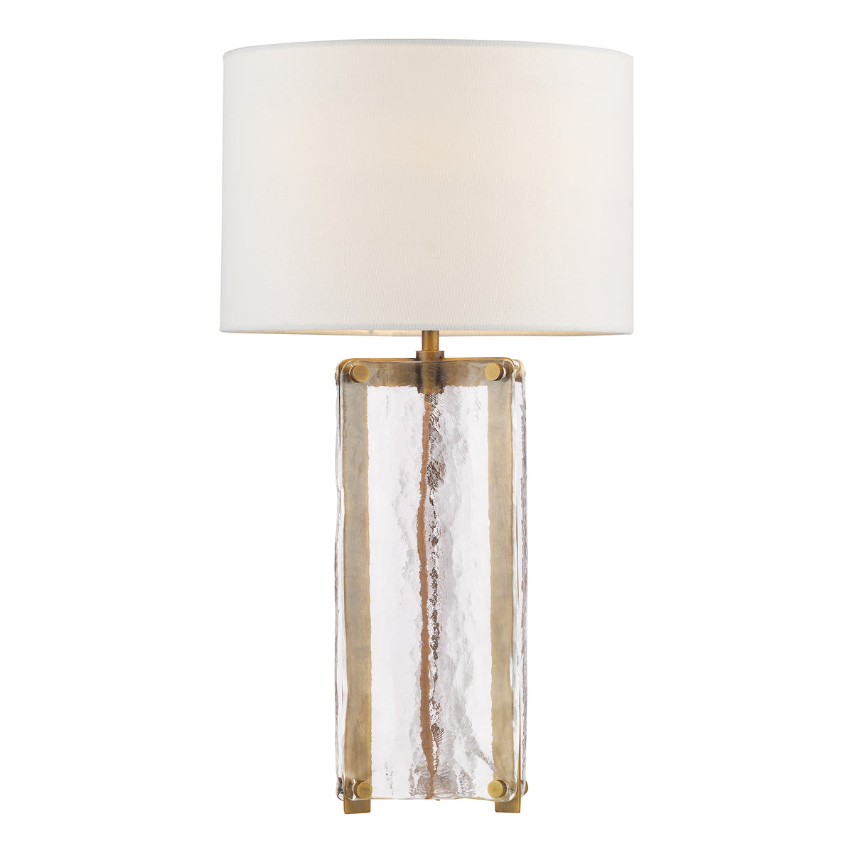 Ravis Table Lamp in Antique Bronze and Textured Glass with White Linen Shade