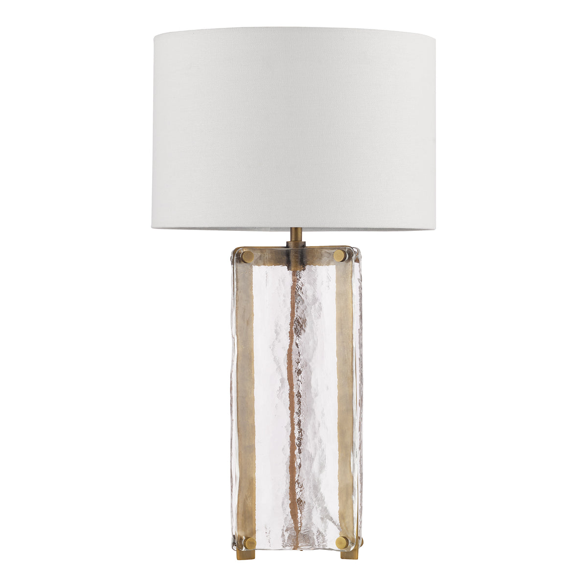 Ravis Table Lamp in Antique Bronze and Textured Glass with White Linen Shade