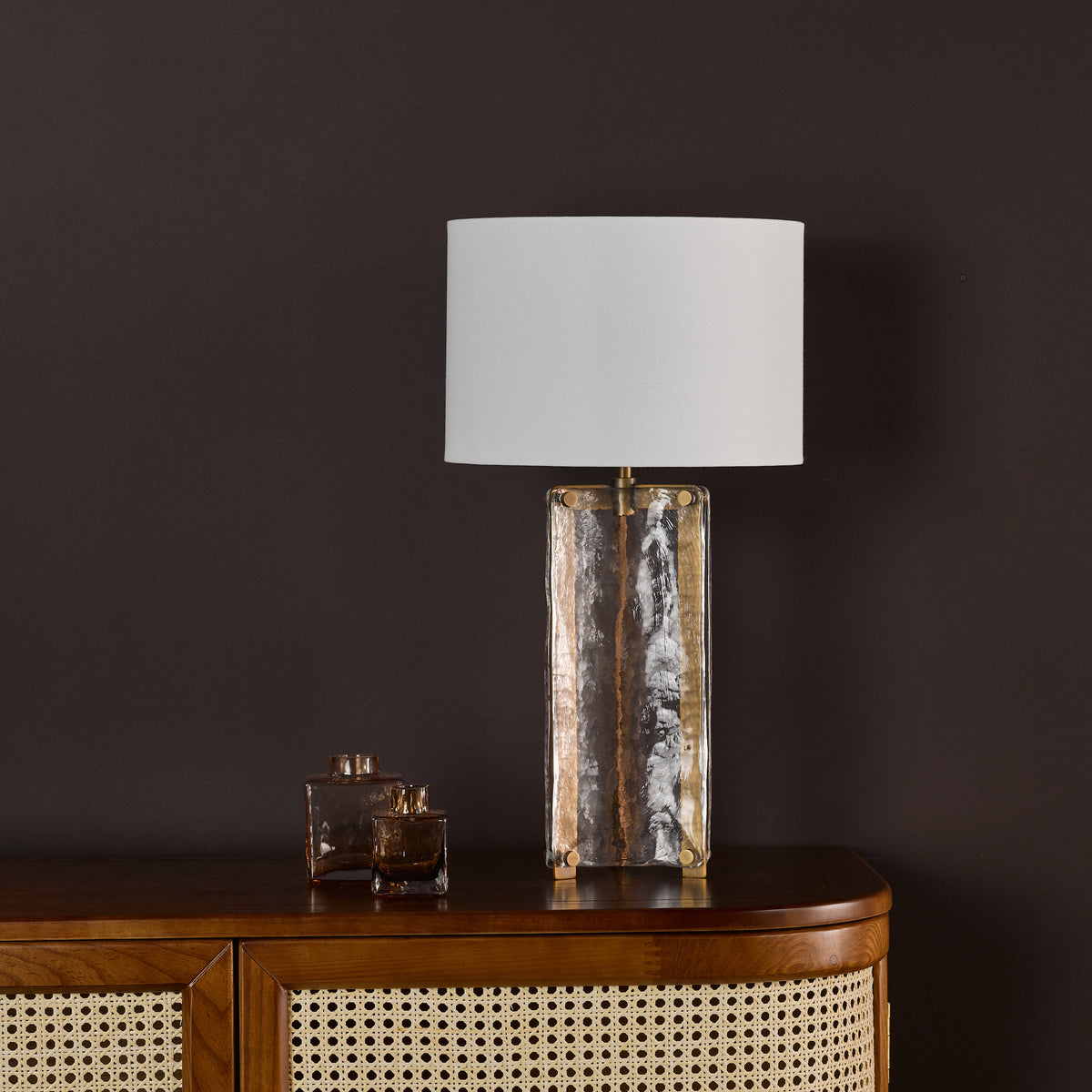 Ravis Table Lamp in Antique Bronze and Textured Glass with White Linen Shade