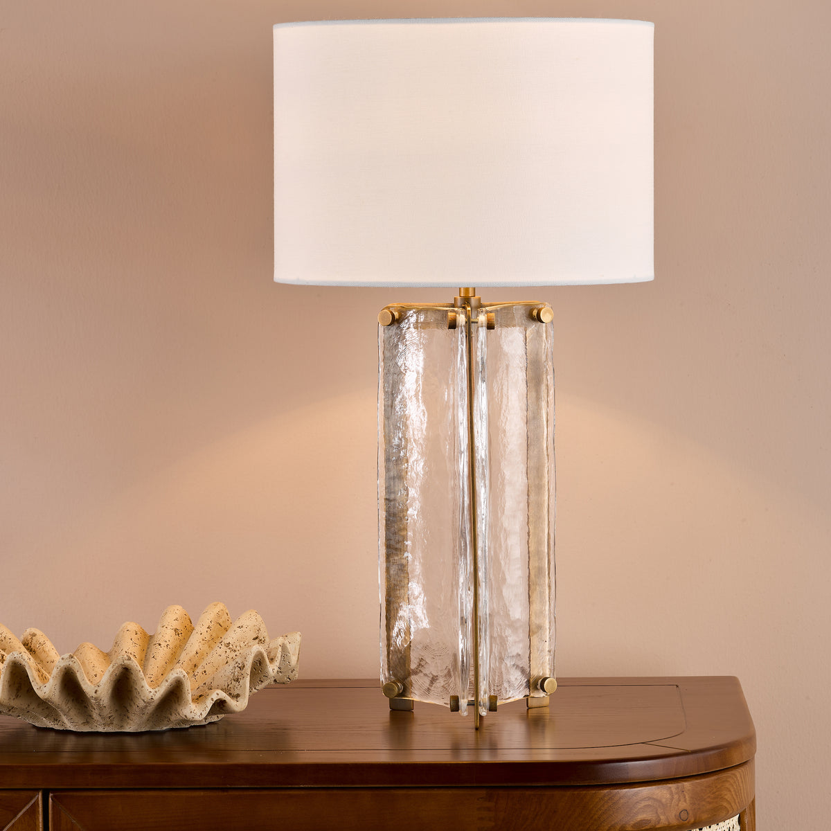 Ravis Table Lamp in Antique Bronze and Textured Glass with White Linen Shade