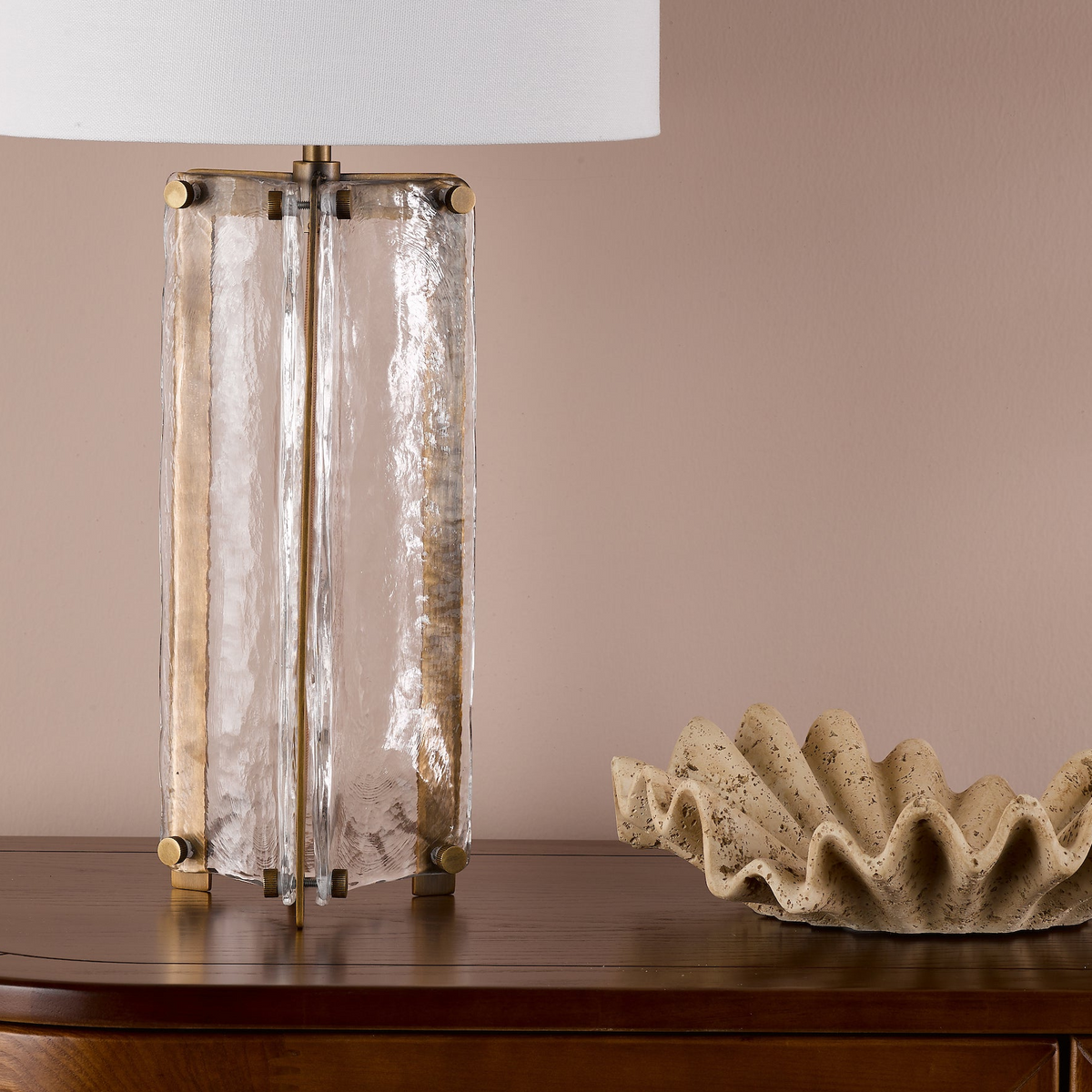 Ravis Table Lamp in Antique Bronze and Textured Glass with White Linen Shade