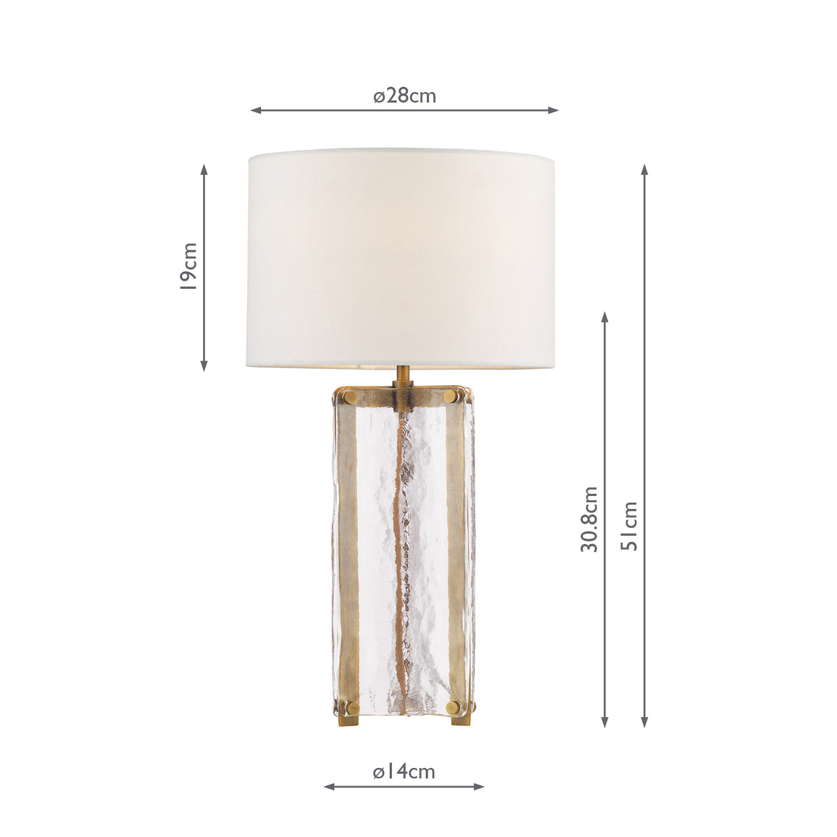 Ravis Table Lamp in Antique Bronze and Textured Glass with White Linen Shade