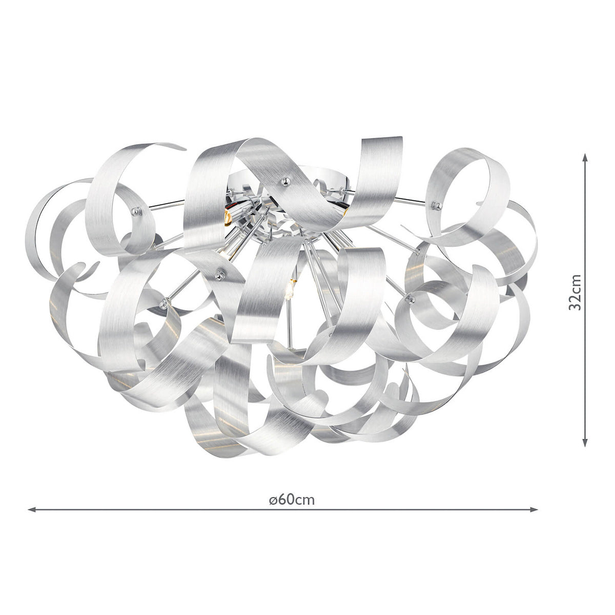 Silver ceiling light with swirling metal ribbons, 60cm diameter, 32cm height.