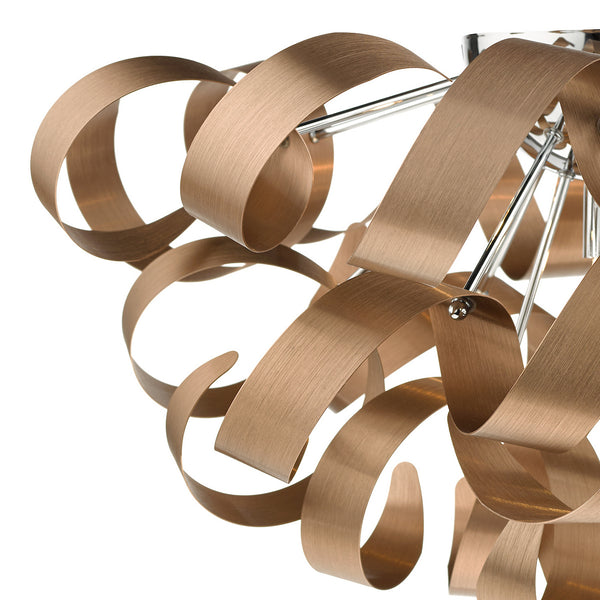 Close-up of a modern chandelier with bronze ribbon-like spirals and chrome accents.