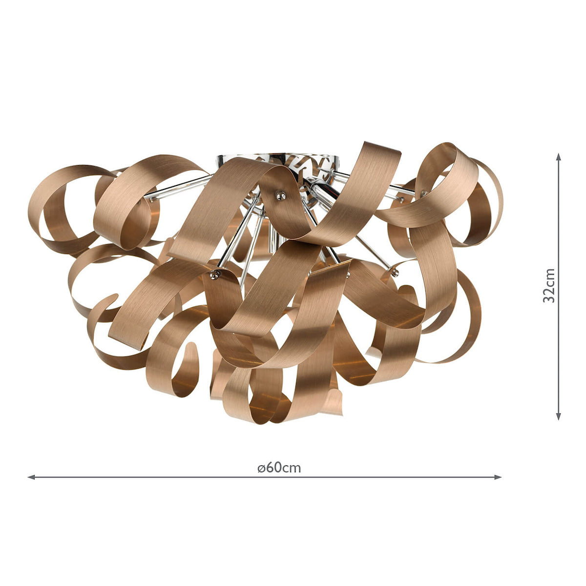 Bronze ceiling light with swirling metal ribbons and chrome accents, measuring 60cm in diameter and 32cm high.