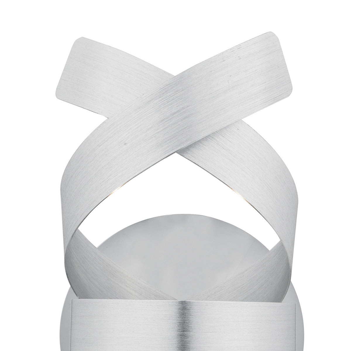 Brushed aluminum wall sconce with a crisscross design on a white background.