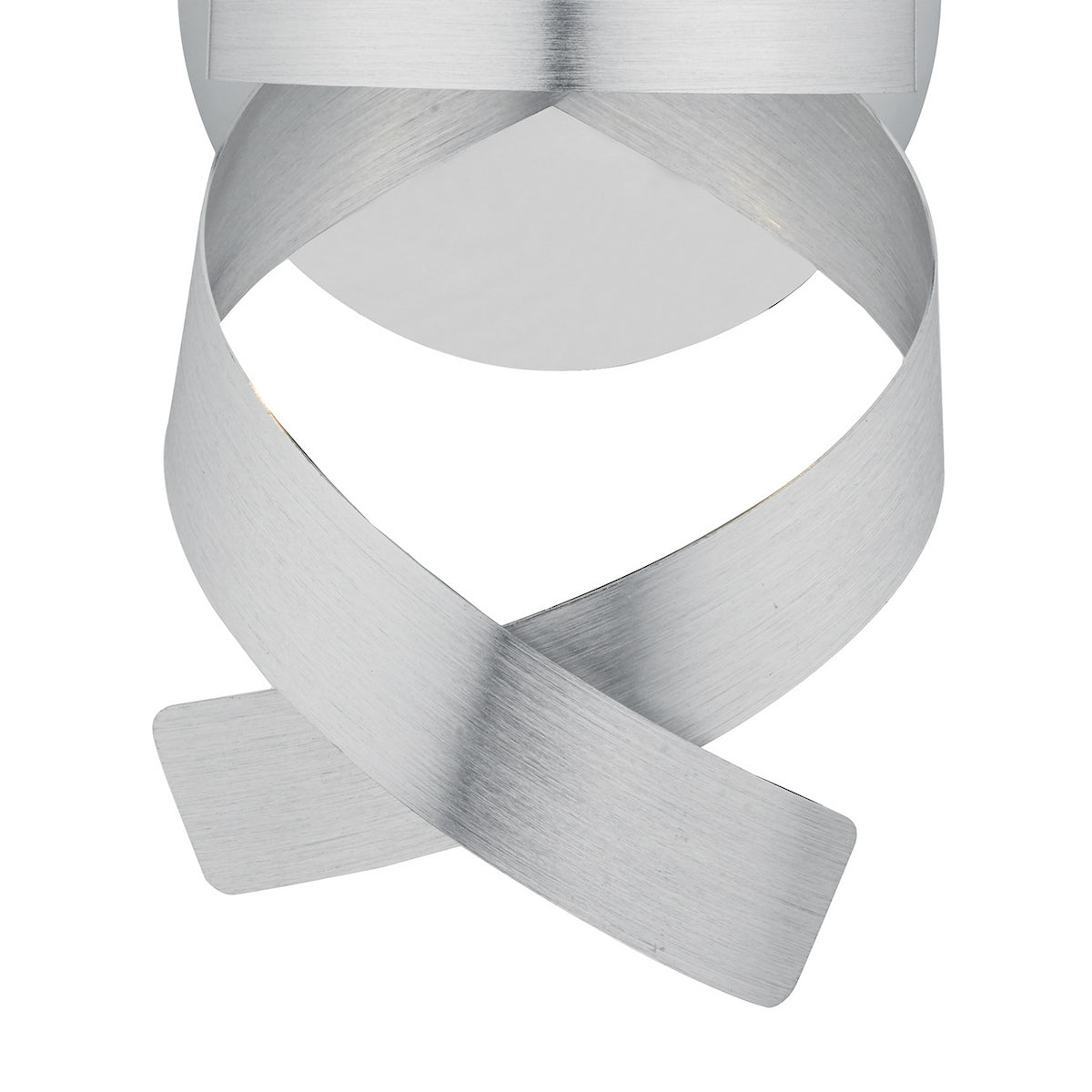 Brushed aluminum light fixture with curved, intersecting bands forming a decorative design.
