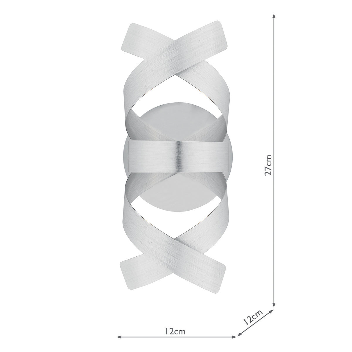 Brushed aluminum wall light with crisscross bands, 27cm high and 12cm wide.
