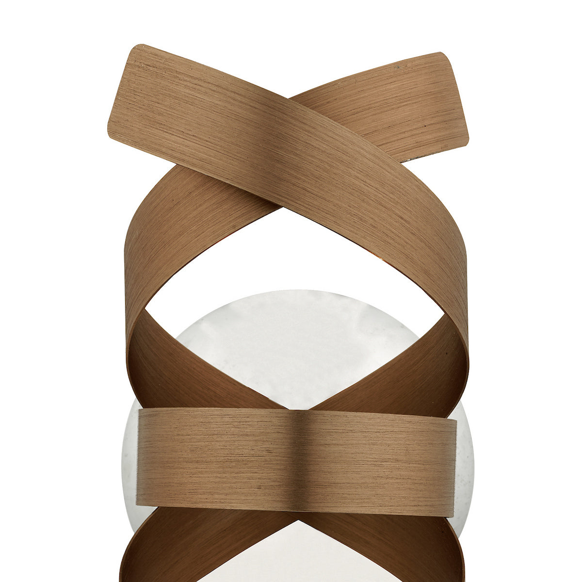 Wooden wall lamp with a white circular base and crisscrossing wooden strips.