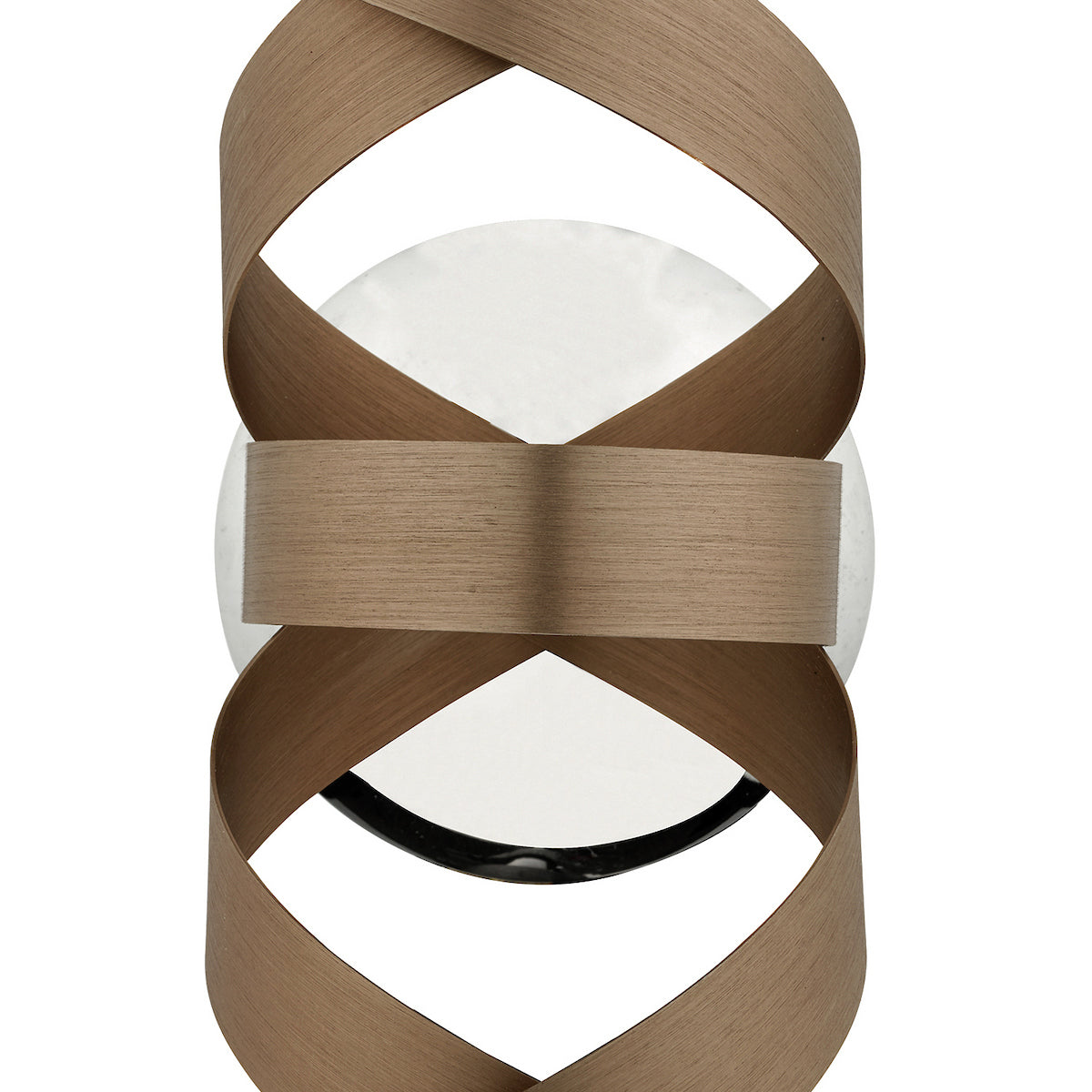 Modern wall light with a white circular base and crisscrossing wooden bands forming an hourglass shape.