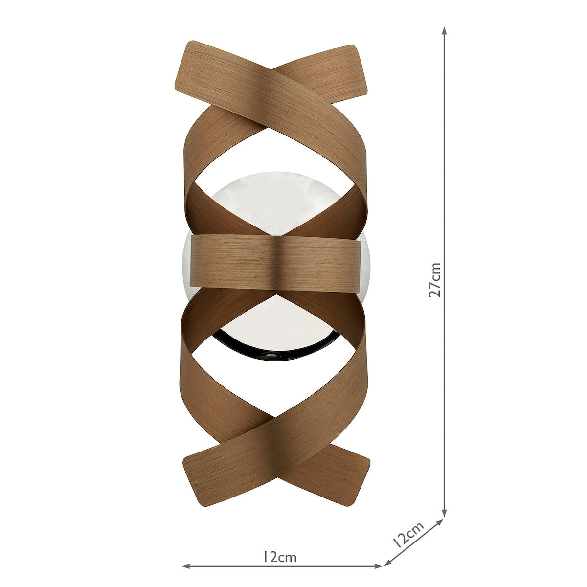 Brown wooden wall light with a crisscross design and a chrome base, measuring 27cm high and 12cm wide.
