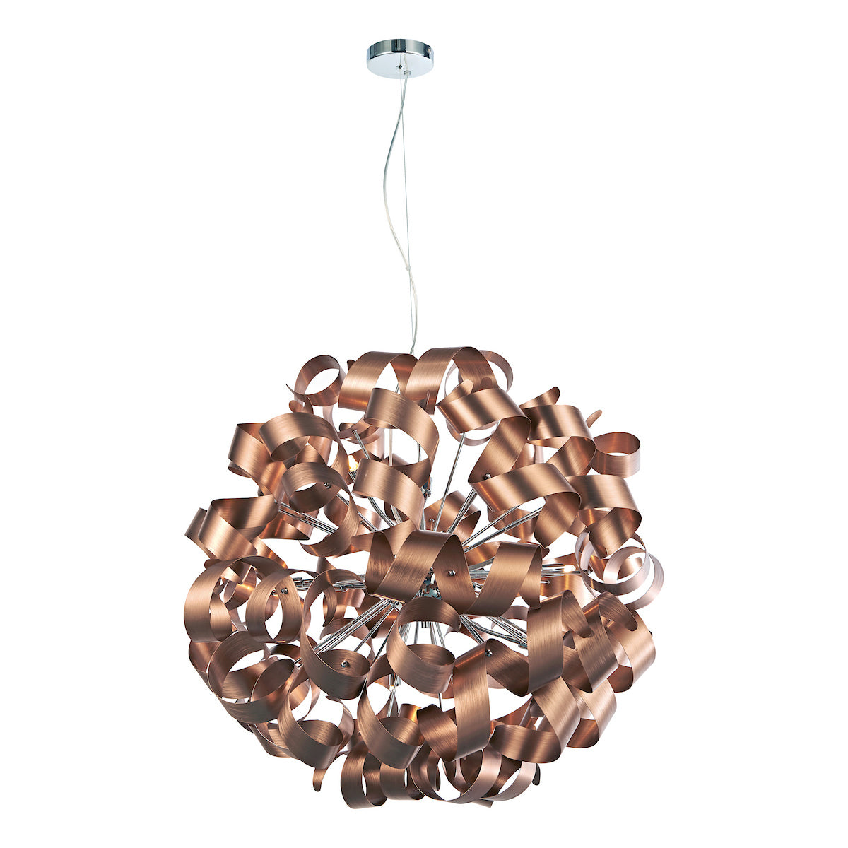 Copper ribbon chandelier with a chrome base.