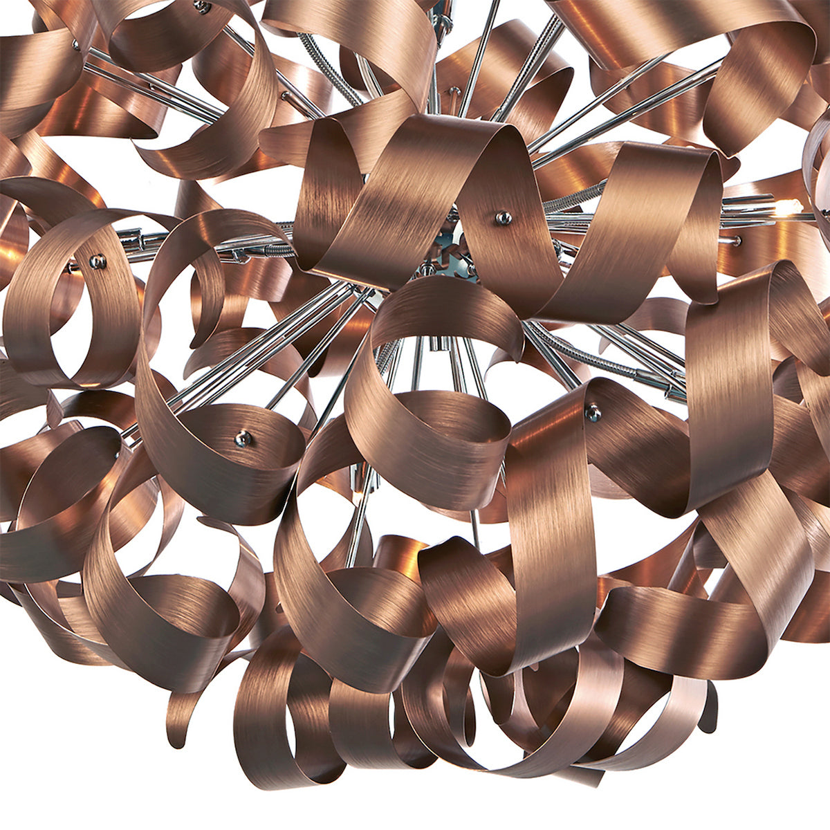 Close-up of a modern chandelier with bronze ribbon-like elements and chrome accents.